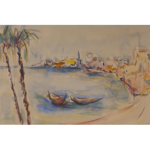 802 - The Port of Jaffa, Israel, indistinctly signed in pencil, watercolour, 50 x 34cm