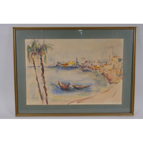 802 - The Port of Jaffa, Israel, indistinctly signed in pencil, watercolour, 50 x 34cm