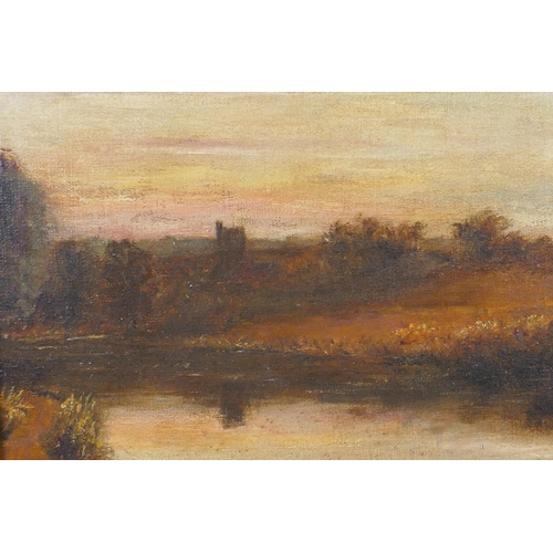 803 - River landscape at sunset, C19th oil on canvas laid on board, in a heavy gilt frame, 25 x 30cm