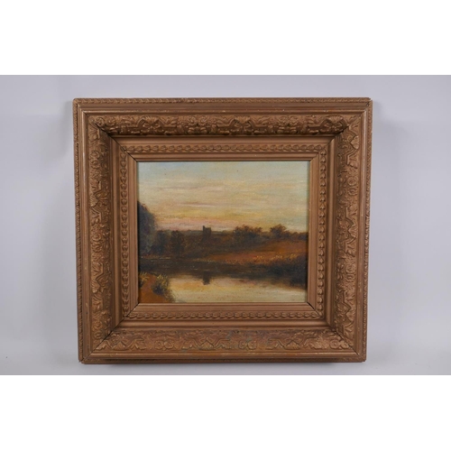 803 - River landscape at sunset, C19th oil on canvas laid on board, in a heavy gilt frame, 25 x 30cm