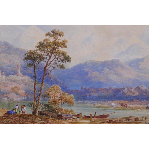 805 - Harry Ward, extensive river landscape with figures to foreground, signed watercolour, 27 x 62cm