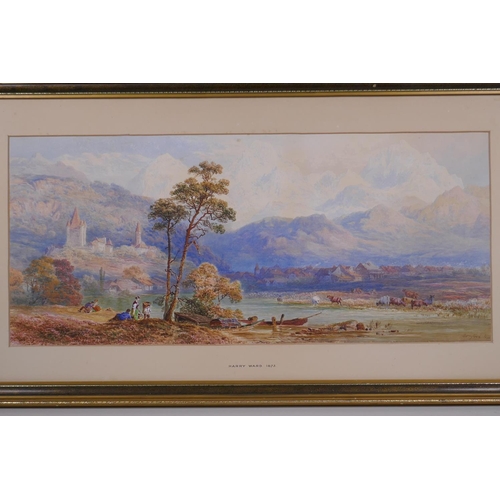 805 - Harry Ward, extensive river landscape with figures to foreground, signed watercolour, 27 x 62cm