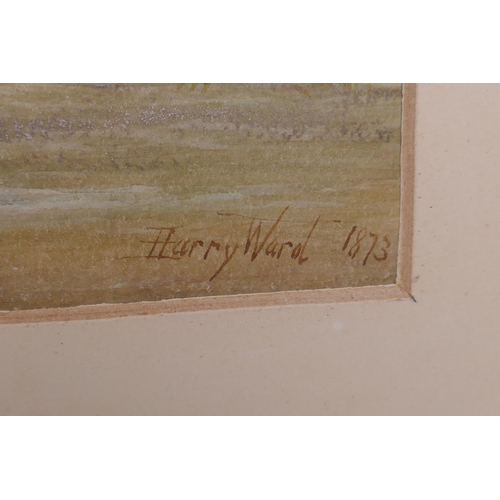 805 - Harry Ward, extensive river landscape with figures to foreground, signed watercolour, 27 x 62cm