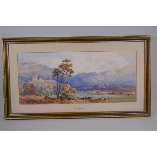 805 - Harry Ward, extensive river landscape with figures to foreground, signed watercolour, 27 x 62cm