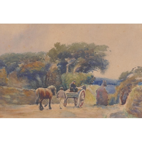 806 - Claude Hayes, figures with horses and cart on a country road, signed, watercolour, 35 x 46cm