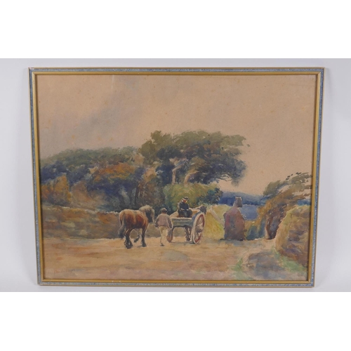 806 - Claude Hayes, figures with horses and cart on a country road, signed, watercolour, 35 x 46cm