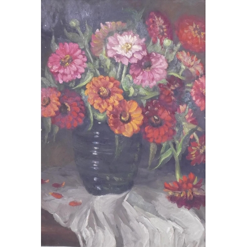 807 - Still life, vase of flowers, unsigned, early/mid C20th, oil on board, 61 x 65cm