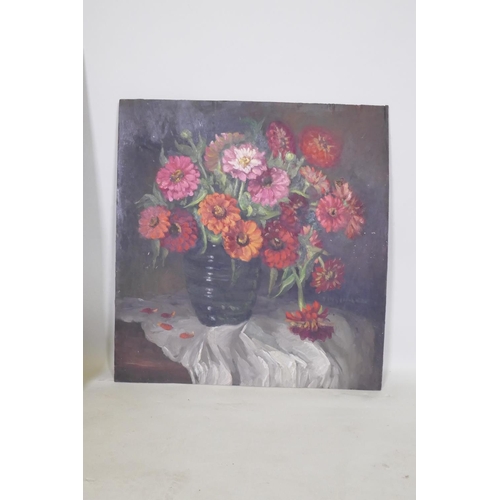 807 - Still life, vase of flowers, unsigned, early/mid C20th, oil on board, 61 x 65cm