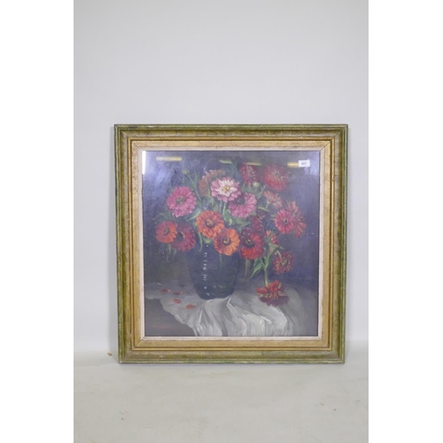 807 - Still life, vase of flowers, unsigned, early/mid C20th, oil on board, 61 x 65cm