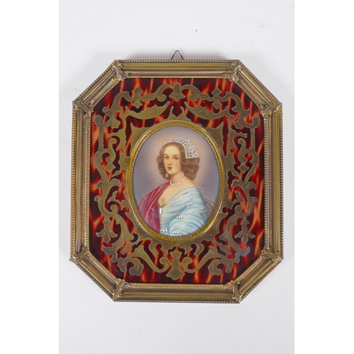 809 - A boule work picture frame containing a portrait miniature of a woman in blue, first half C20th, 16 ... 