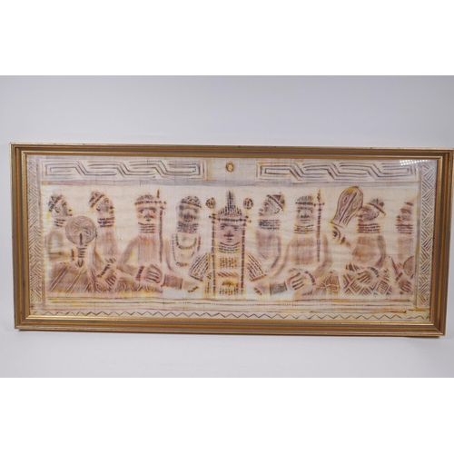 814 - An African Benin figural painting on silk, 88x 35cm