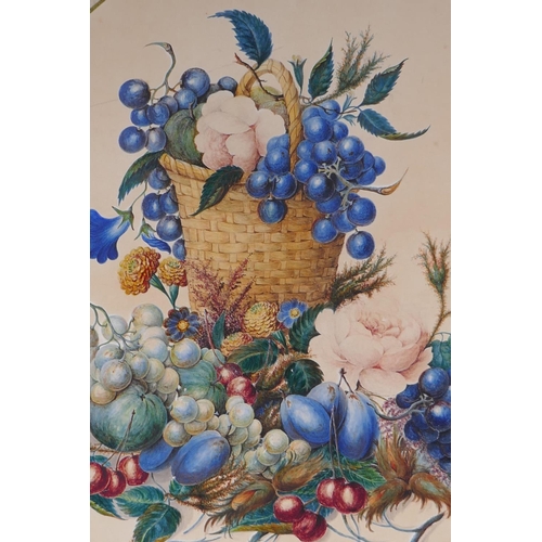 815 - A Regency still life, grapes, plums and a basket of flowers, watercolour, 33 x 40cm