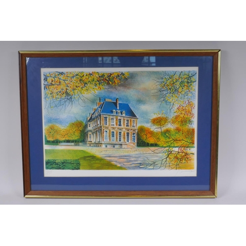 819 - A limited edition lithograph of a French chateau, indistinctly pencil signed and numbered 86/275, 47... 