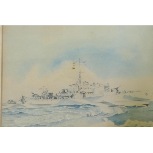 821 - H.M.S. Brissendon, 1945, watercolour on paper, signed with indistinct monogram, 31 x 22cm