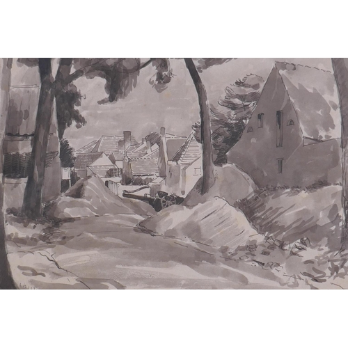 823 - Pathway to a village, signed W. Gillies, ink and wash drawing, unframed, 20 x 27cm