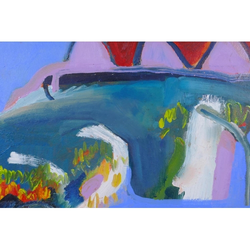 825 - Abstract composition, inscribed verso Avery Wilson, oil on board, 23 x 35cm