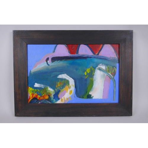 825 - Abstract composition, inscribed verso Avery Wilson, oil on board, 23 x 35cm