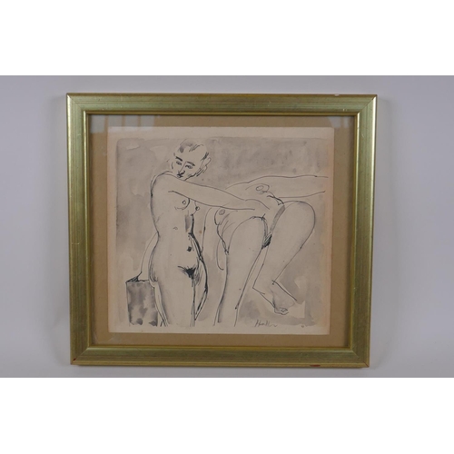 830 - A study of two female figures, signed Hodler, ink and wash drawing, 21 x 22.5cm