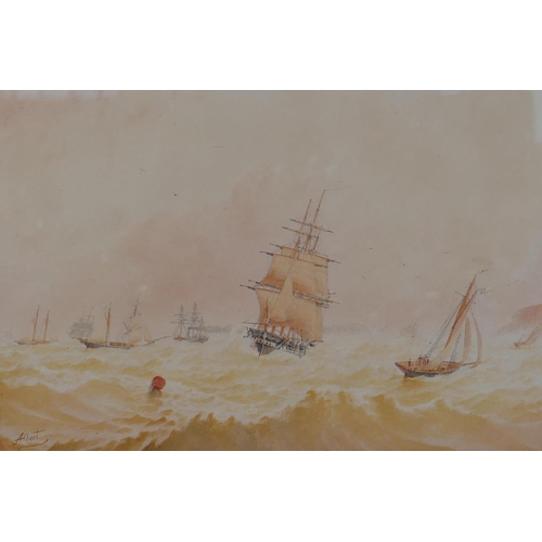 835 - Mixed shipping off the coast, signed Albert, watercolour,  C19th maplewood frame, 23 x 33cm