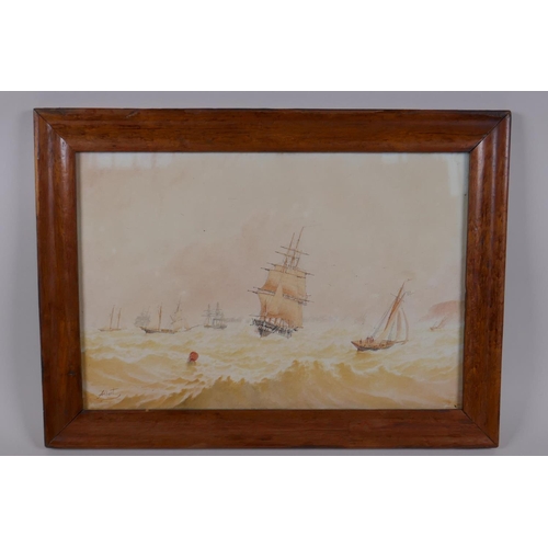 835 - Mixed shipping off the coast, signed Albert, watercolour,  C19th maplewood frame, 23 x 33cm