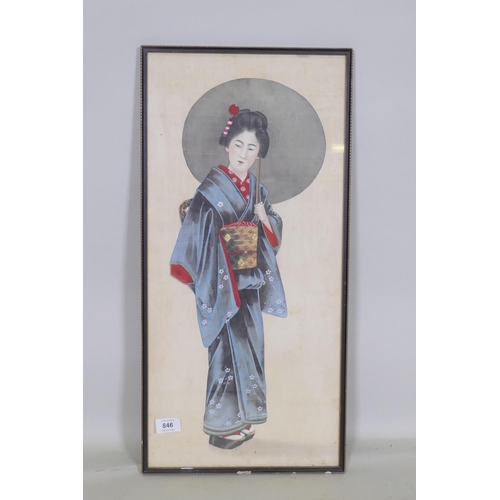 846 - A vintage Japanese print with gilt highlights depicting a woman with a parasol, 30 x62cm