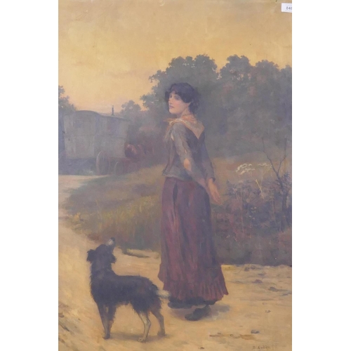 848 - B. Cobbe, gypsy girl and dog on a path with caravan beyond, early C20th, signed, oil on canvas, re-l... 