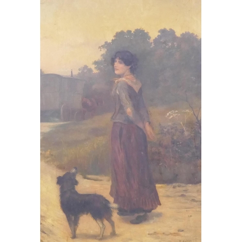 848 - B. Cobbe, gypsy girl and dog on a path with caravan beyond, early C20th, signed, oil on canvas, re-l... 