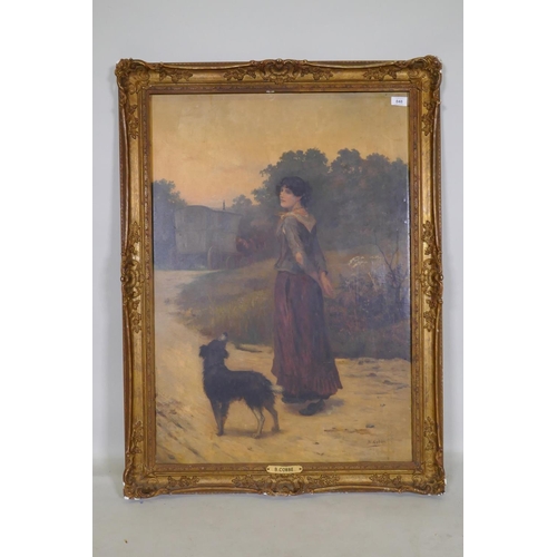 848 - B. Cobbe, gypsy girl and dog on a path with caravan beyond, early C20th, signed, oil on canvas, re-l... 