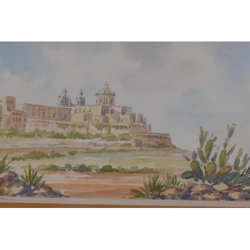 849 - Galia, Mdina Cathedral, Malta, signed J? Galia, Malta, watercolour, 29 x 14cm