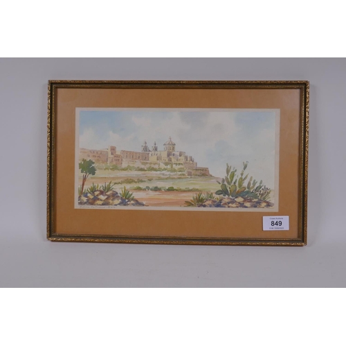 849 - Galia, Mdina Cathedral, Malta, signed J? Galia, Malta, watercolour, 29 x 14cm