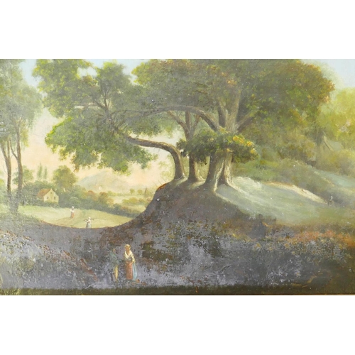 855 - Landscape with figures under an oak tree, C18th/C19th, unsigned, oil on panel, in a gilt wood frame,... 