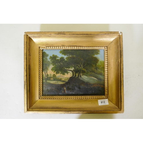 855 - Landscape with figures under an oak tree, C18th/C19th, unsigned, oil on panel, in a gilt wood frame,... 