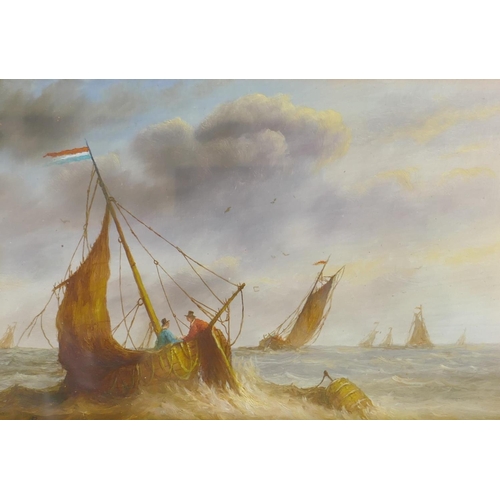 864 - Dutch fishing boats off the coast, a pair, signed R.E.C., C20th, oil on panel