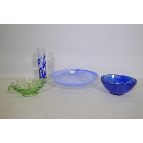 94 - A large studio glass bowl, 45cm diameter, a smaller bowl, green glass fruit bowl and vase