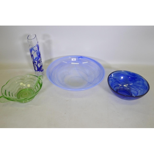 94 - A large studio glass bowl, 45cm diameter, a smaller bowl, green glass fruit bowl and vase