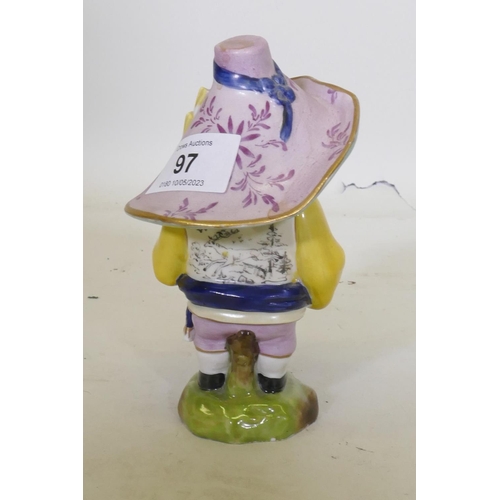 97 - A porcelain Mansion House dwarf, wearing a hat inscribed A Small Farm to be Sold by Auction by Mr. L... 