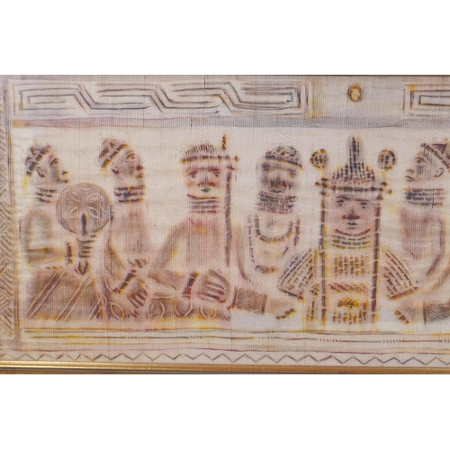 877 - An African Benin figural painting on silk, 88x 35cm