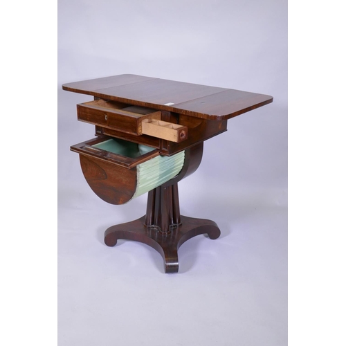 1005 - A C19th rosewood work table with drop leaf top over two drawers, the upper fitted with a pull out pe... 