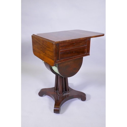 1005 - A C19th rosewood work table with drop leaf top over two drawers, the upper fitted with a pull out pe... 