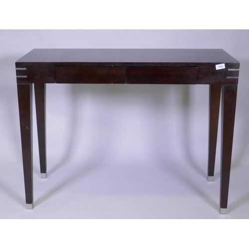 1008 - A contemporary hardwood two drawer side table with chromed mounts, 100 x 40 x 75cm