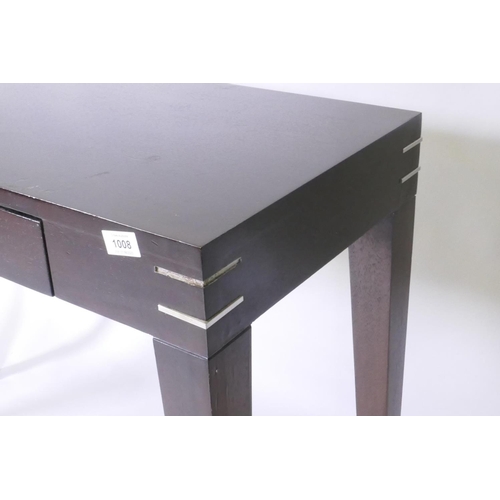 1008 - A contemporary hardwood two drawer side table with chromed mounts, 100 x 40 x 75cm