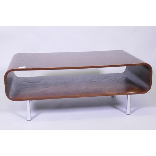 1014 - A 1070s bent ply coffee table on chrome legs, 90 x 50cm, 36cm high