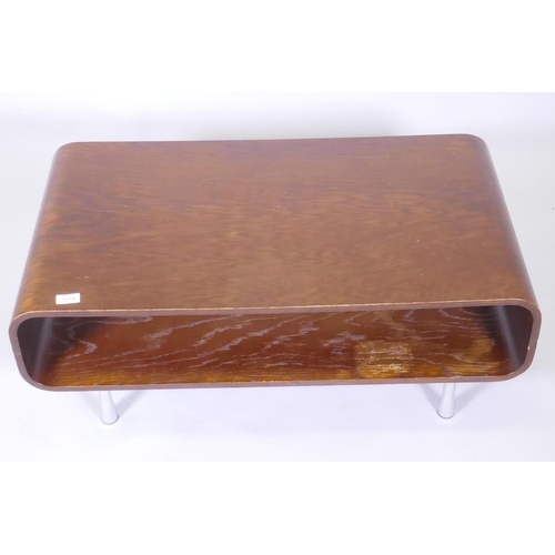 1014 - A 1070s bent ply coffee table on chrome legs, 90 x 50cm, 36cm high