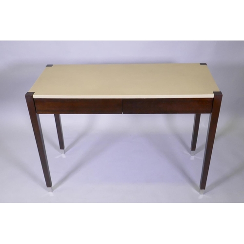 1017 - A contemporary hardwood two drawer writing table with faux shagreen top, 100 x 50 x 75cm