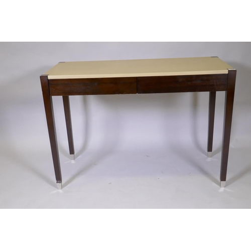 1018 - A contemporary hardwood two drawer writing table with faux shagreen top, 100 x 50 x 75cm