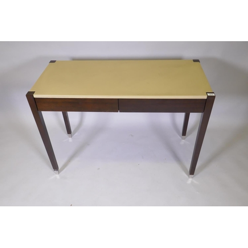 1018 - A contemporary hardwood two drawer writing table with faux shagreen top, 100 x 50 x 75cm