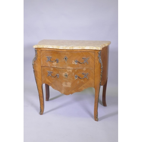 1020 - A continental inlaid tulipwood commode with marble top, drawers and serpentine front, raised on shap... 