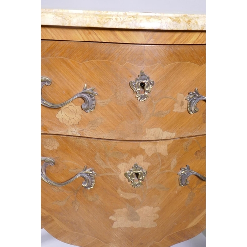 1020 - A continental inlaid tulipwood commode with marble top, drawers and serpentine front, raised on shap... 