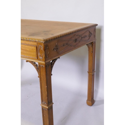 1051 - A Chinese Chippendale mahogany desk with three drawers, 126 x 69, 74cm high