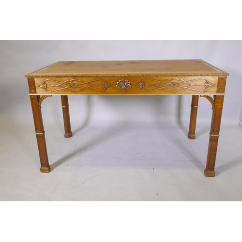 1051 - A Chinese Chippendale mahogany desk with three drawers, 126 x 69, 74cm high